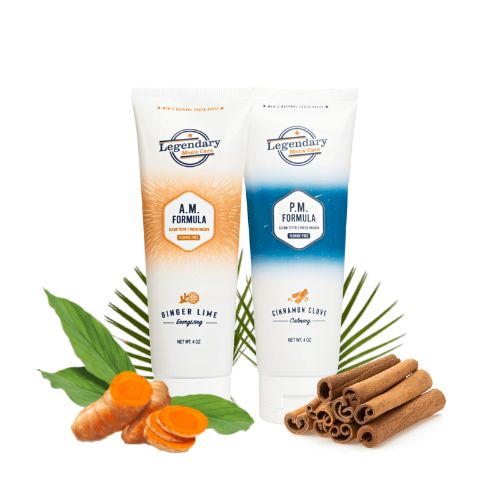Brighten your smile with Legendary Men's Care AM/PM combo toothpaste for men. Energize your morning with our refreshing ginger-line flavor in the morning, and relax at night with our cinnamon-clove flavor in the evening. Rest with the assurance that our natural toothpaste doesn't contain any chemicals that will lower your testosterone.